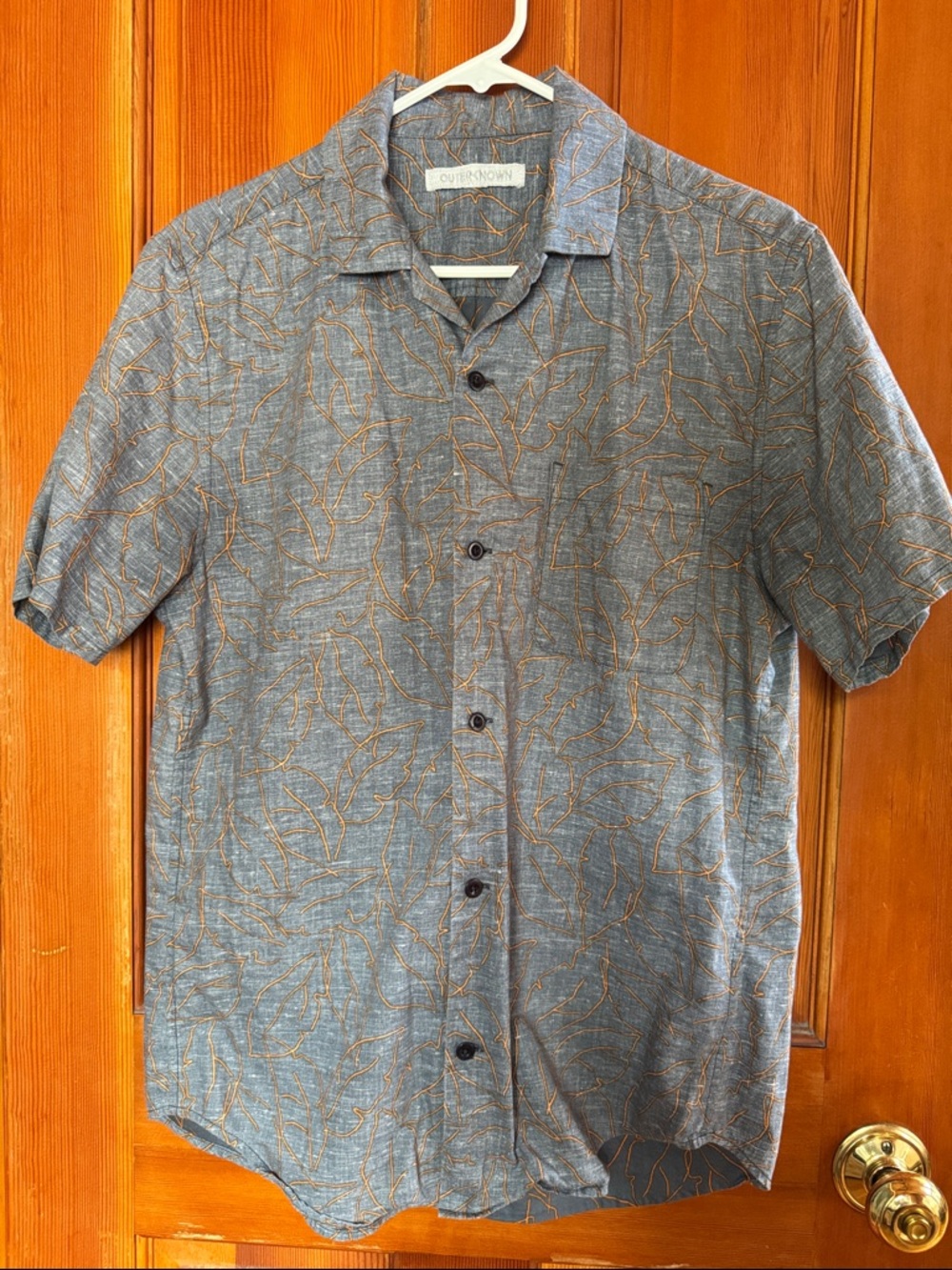 Outerknown Short Sleeve Button-Up Shirt in Blue with Tan Leaf Pattern